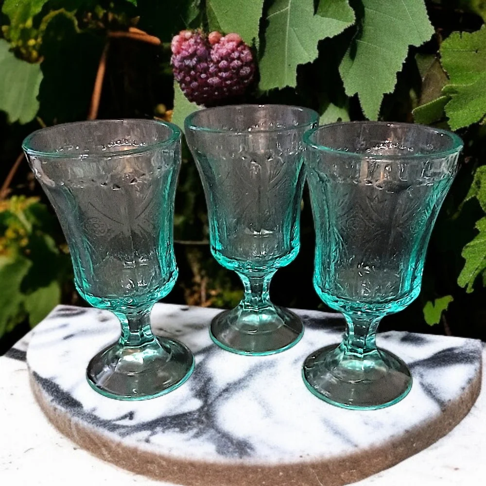 3 Indiana Glass‎ Recollection Goblet Glass Teal Aqua Vintage Beach Cottage House